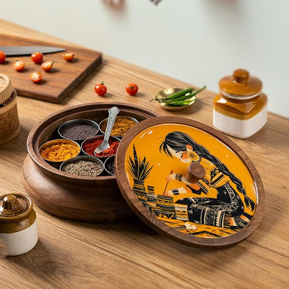 Wooden Spice box for kitchen with spoon, Mango wood box with 7 Steel containers | Masala box for kitchen | Masala Dani | Best Gift (Yellow Masala Box)
