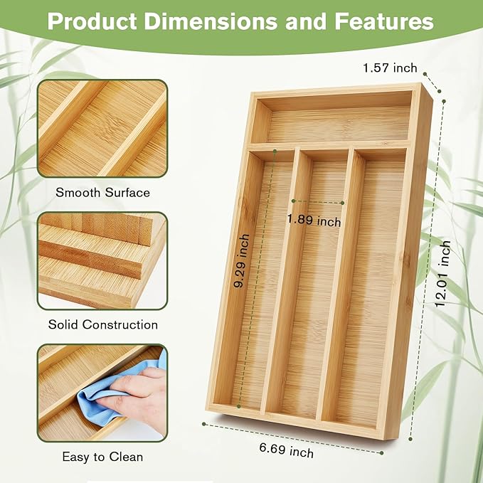 shenee Small Silverware Organizer, Bamboo Drawer Organize, Bamboo Silverware Drawer Organizer, Spoon Flatware Storage with Grooved Drawer Dividers