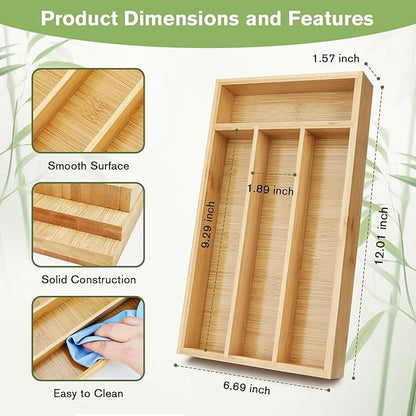 shenee Small Silverware Organizer, Bamboo Drawer Organize, Bamboo Silverware Drawer Organizer, Spoon Flatware Storage with Grooved Drawer Dividers