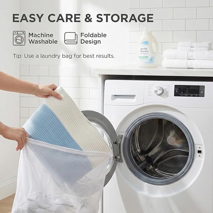 JMvicyroam 65L Extra Large Blanket Basket for Living Room - Woven Cotton Rope Laundry Hamper with Reinforced Handles - Storage Bin for Pillows, Comforters & Toys - Machine Washable,White&Blue