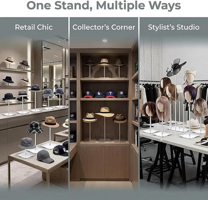 Clear Hat Display Stand 14 Inch, Tall Acrylic Wig Stand for Wigs, Caps, Fedoras & Lightweight Hats, Tabletop Holder for Retail, Vendor Booth, Salon, Photo Display