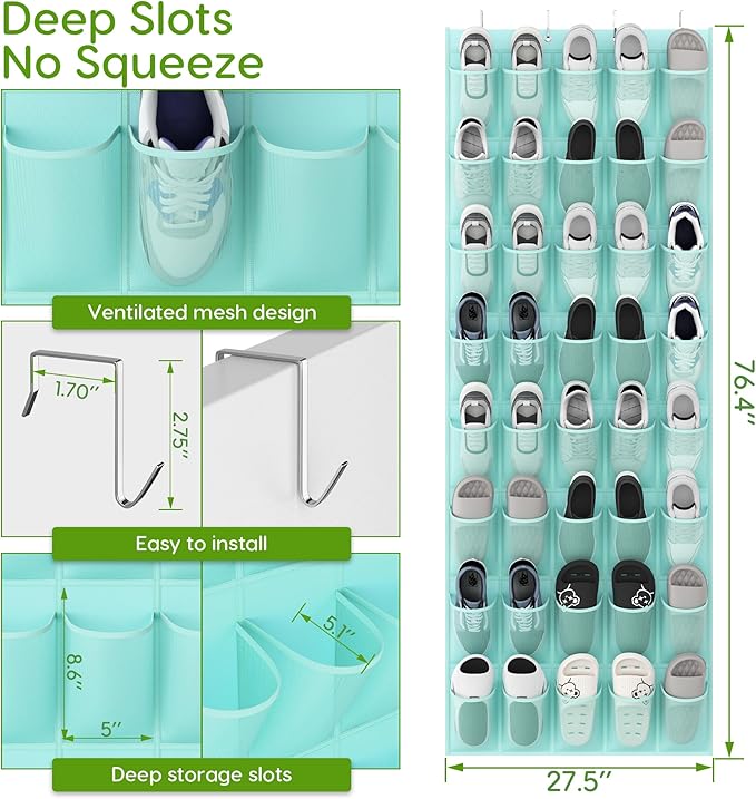 Over the Door Shoe Organizer with 40 Large Breathable Mesh Pockets, Space Saving Shoe Holder, Hanging Shoe Rack for Entryway Bedroom Closet Storage (Mint Blue, 40 Pockets)
