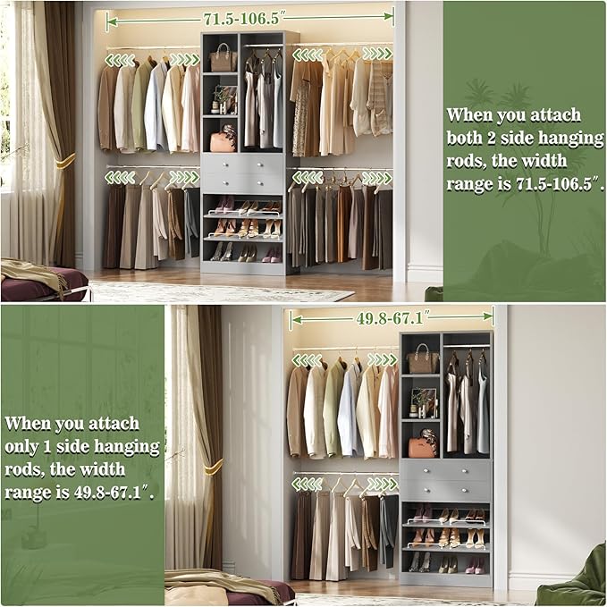 Besiost Closet System, 4.2–8.8 FT Closet Organizer with 2 Wooden Drawers and Shelves, Walk-in Closet System with 5 Hang Rods, Built-in Closet Tower, Can Fit 60 to 96 inch, Morandi Grey