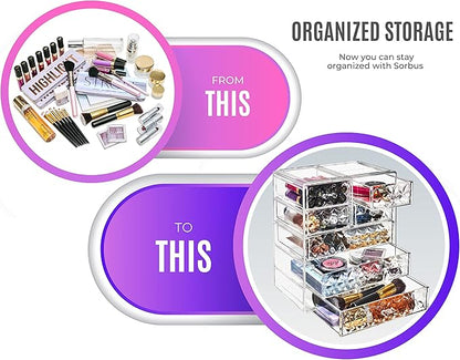 Sorbus Acrylic Makeup Organizer Set, 7-Drawer Vanity & Countertop Cosmetic Storage with Small & Wide Drawers, Diamond Makeup Storage for Brushes, Lipsticks, Jewelry – Holiday Gift for Women & Teens