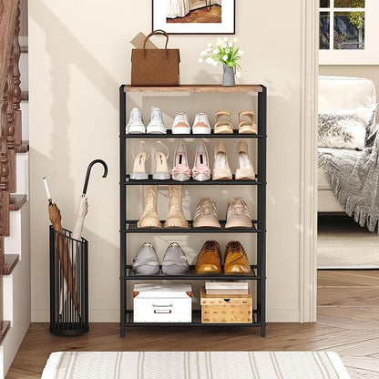 HOMEFORT Shoe Rack 6-Tier, Shoe Storage Shelf, Industrial Shoe Tower, Narrow Shoe Organizer for Closet Entryway, Small Shoe Rack Table with Durable Metal Shelves, Rustic Brown