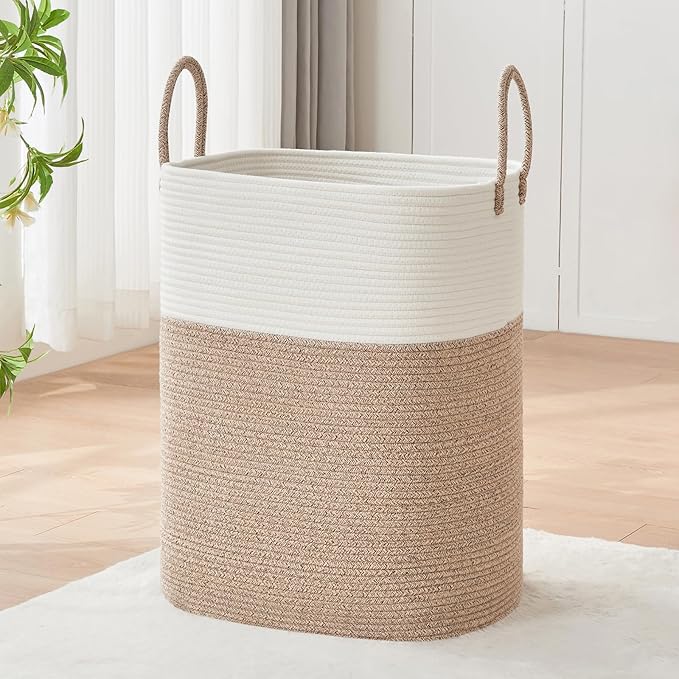 AINUOQI Laundry Basket with Handles - Blanket Basket & Hampers for Bedroom Aesthetic, Laundry Hamper & Blanket Storage for Living Room, Clothes Hamper, Tall, Large 17" x 14" x 26”, White & Rice Brown