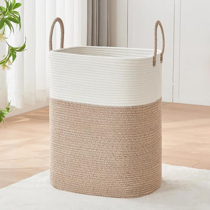 AINUOQI Laundry Basket with Handles - Blanket Basket & Hampers for Bedroom Aesthetic, Laundry Hamper & Blanket Storage for Living Room, Clothes Hamper, Tall, Large 17" x 14" x 26”, White & Rice Brown