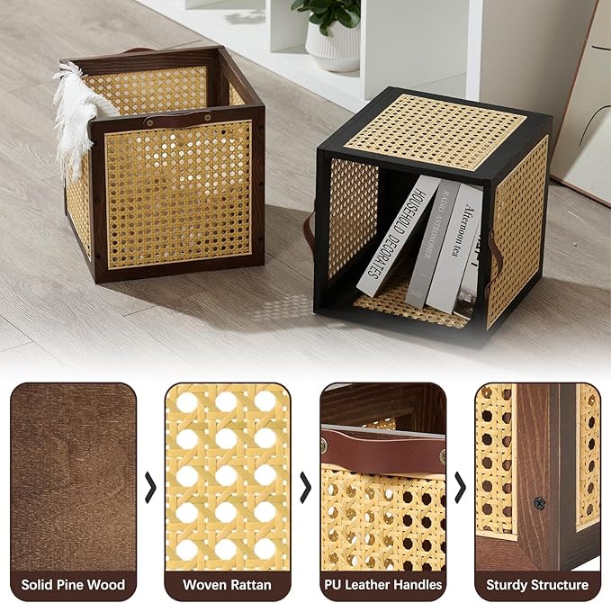 Rattan Storage Cubes Wooden Storage Baskets Boxes Decorative Natural Handmade Bohemian Solid Wood Woven Wicker Cane Bin Closet Shelf Clothes Organizer Books Magazine Holder (Walnut)
