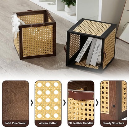Rattan Storage Cubes Wooden Storage Baskets Boxes Decorative Natural Handmade Bohemian Solid Wood Woven Wicker Cane Bin Closet Shelf Clothes Organizer Books Magazine Holder (Walnut)