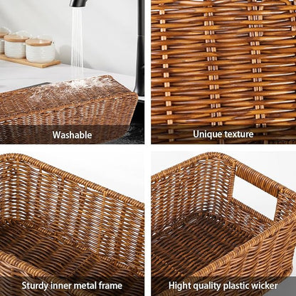2pcs Toilet Tank Basket, Rectangular Wicker Shelf Basket for Organization, Waterproof Handwoven Toilet Paper Rolls Baskets for Bathroom Countertop, Storage Shelf, End Table (Coffee Brown)
