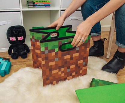 Minecraft Grassy Block 13-Inch Storage Bin Chest with Lid | Foldable Fabric Basket Container, Cube Organizer with Handles, Cubby for Shelves, Closet | Home Decor Essentials, Video Game Gifts