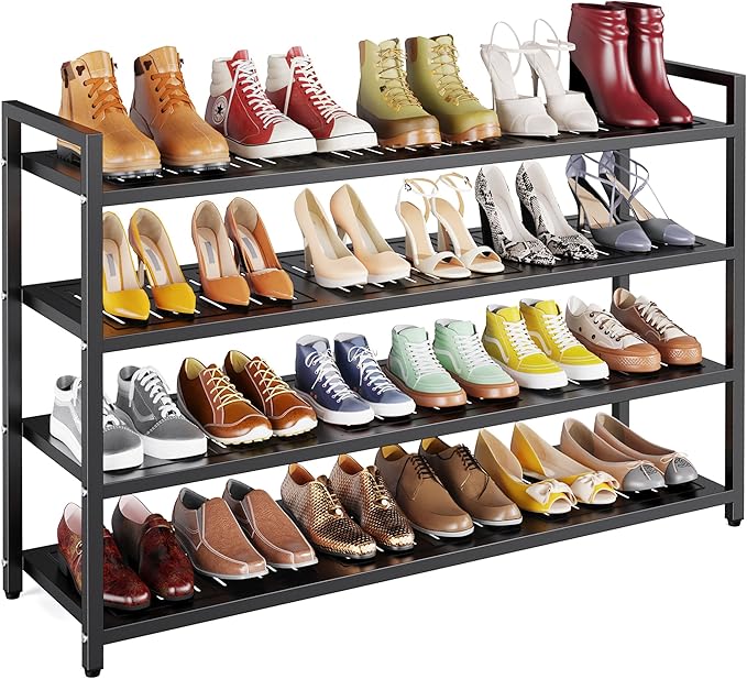 4-Tier Shoe Rack, Large Capacity Metal Free Standing Shoes Rack, Sturdy and Durable Shoe Organizer, Shoe Shelf for Closet, Entryway, Bedroom, for 24-28 Pairs, 42.1" W x 9.8" D x 27.6" H, Black