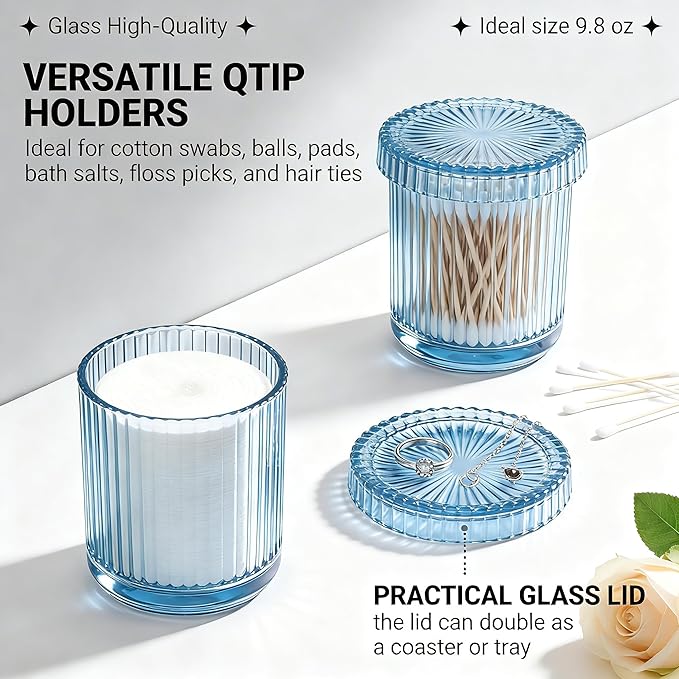 2 Pack Glass Qtip Holder Dispenser Set - Bathroom Organizer for Cotton Swabs, Balls, Pads, Floss Picks - Clear Apothecary Jars for Vanity, Makeup Storage, Bathroom Accessories Decor (Blue)