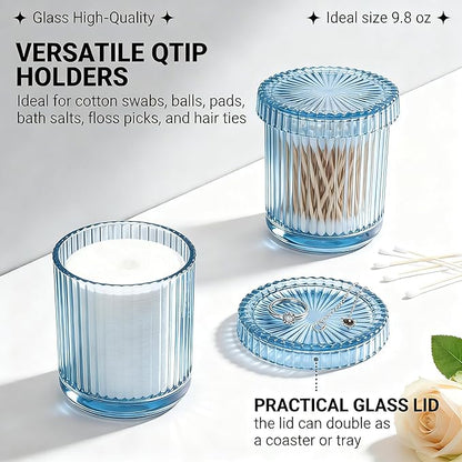 2 Pack Glass Qtip Holder Dispenser Set - Bathroom Organizer for Cotton Swabs, Balls, Pads, Floss Picks - Clear Apothecary Jars for Vanity, Makeup Storage, Bathroom Accessories Decor (Blue)