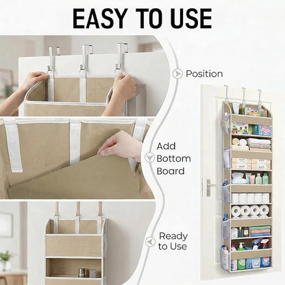 Over the Door Organizer with Toiletry Bag - 5 Shelf Hanging Organizer with 5 Large Pockets - Heavy Duty Storage for Bedroom, Bathroom, Pantry, Nursery (Beige)