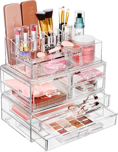 Sorbus Huge Acrylic Makeup Organizer - Extra Large Makeup Case & Display - Stackable 3 Piece Cosmetic Organizers and Storage Set with Acrylic Drawers - Great Vanity, Dresser & Bathroom Organizer