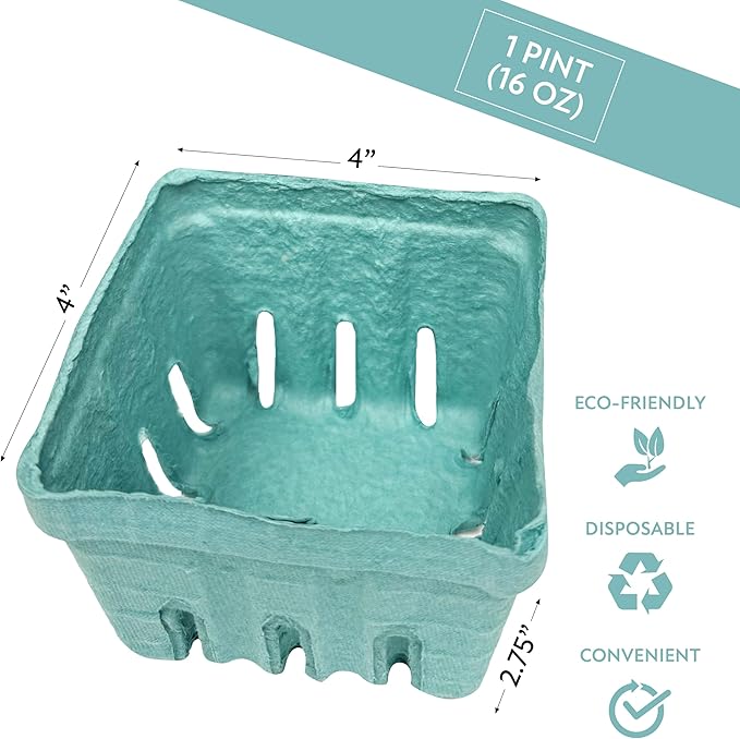 Hampton Distribution 15 Pack Green Berry Basket 1 Pint, Pulp Fiber Vented Produce Containers Farmers Market Basket, Fruit & Vegetable Containers
