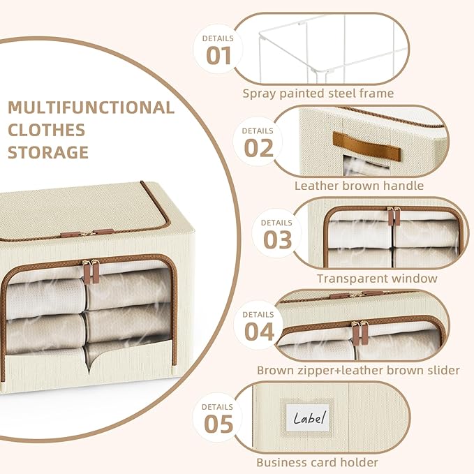 FHSQX 6 Pack Clothes Storage Bins - Foldable Storage Bins for Clothes Fabric Storage Box with Metal Frame (Beige, 19.7x15.7x13.8 inch)