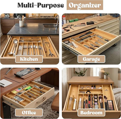 AB Home & Beauty Expandable Bamboo Drawer Organizer for Kitchen Utensils - Adjustable Silverware Organizer, Non-Slip Bamboo Cutlery Tray, Eco-Friendly Kitchen Drawer Storage