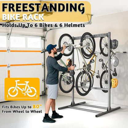 Ultrawall Freestanding Bike Stand, Vertical Bike Storage Stand Rack for Garage, Indoor Bicycle Organizer with Adjustable Hooks, Holds Up to 6 Bikes & 6 Helmets