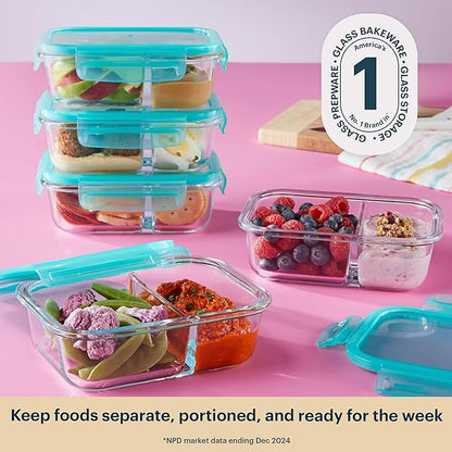 Pyrex Glass MealBox (5-Pack, 2.3 Cup) Divided Compartments with Locking Lids, For Meal Prepping and Portioning, BPA Free Microwave Dishwasher Safe