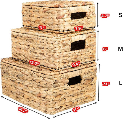 Wicker Storage Baskets, Hand-Woven Rectangular Wicker Basket with Lid for Bedroom & Living Room, Nesting Rattan Basket for Shelves (Water Hyacinth, 3-Pack)