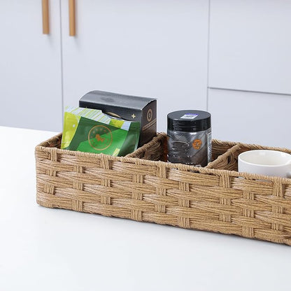 Toilet Tank Topper Paper Basket Multiuse Hand Woven Plastic Wicker Basket Bins with Divider for Shelves Rustic Farmhouse Bathroom Decor Countertop Organizer Storage (Yellow-big 3 boxes)