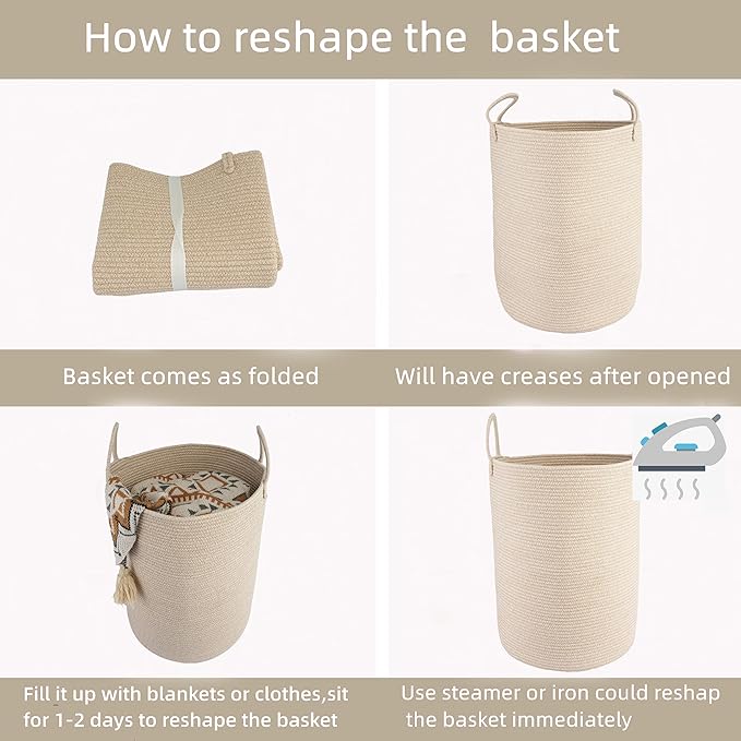 Woven Cotton Rope Laundry basket-16”X22” Laundry Hamper-Rope Storage Basket for Dirty Clothes, Toys and Blankets Perfect for Bathroom, Baby nursery and Living Room Storage (oatmeal, Large)
