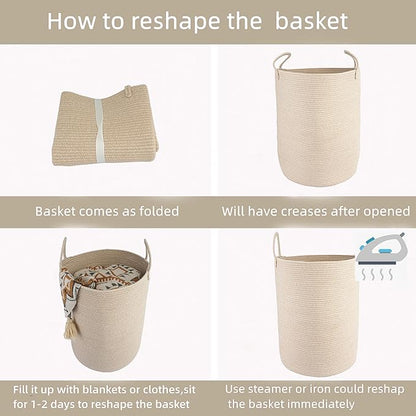 Woven Cotton Rope Laundry basket-16”X22” Laundry Hamper-Rope Storage Basket for Dirty Clothes, Toys and Blankets Perfect for Bathroom, Baby nursery and Living Room Storage (oatmeal, Large)