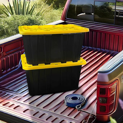 BLACK & YELLOW 27-Gallon Storage Bin with Snap-on Lid, Heavy Duty Plastic Storage Bins with Lid, Stackable, 6 Pack