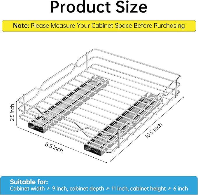 BOIVSHI Spice Rack Organizer for Cabinet, Heavy Duty Pull Out Spice Rack, Metal 1 Tier Spice Organizer for Cabinet, Kitchen, Pantry, Chrome, 8.5”W x 10.5”D x 2.3”H