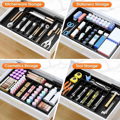 SpaceHacks Silverware Organizer，Adjustable & Expandable Utensil Drawer Organizer, BPA Free Utensil Holder, Cutlery Tray for Forks, Spoons, Knives in Kitchen, Large, Black