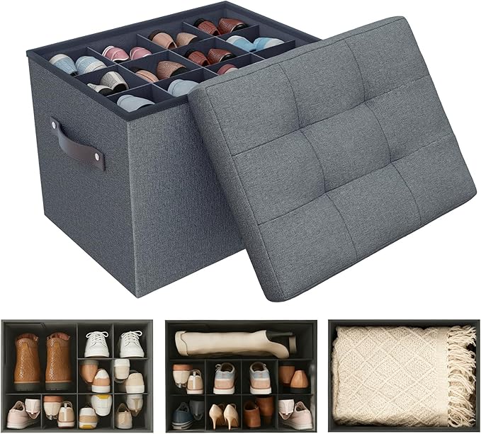 Storage Ottoman Shoe Organizer for Closet - Adjustable Dividers Storage Box for Shoes | Clothes | Toy | Blanket, Foldable Foot Stool Small Bench Shoe Cabinet for Living Room & Bedroom