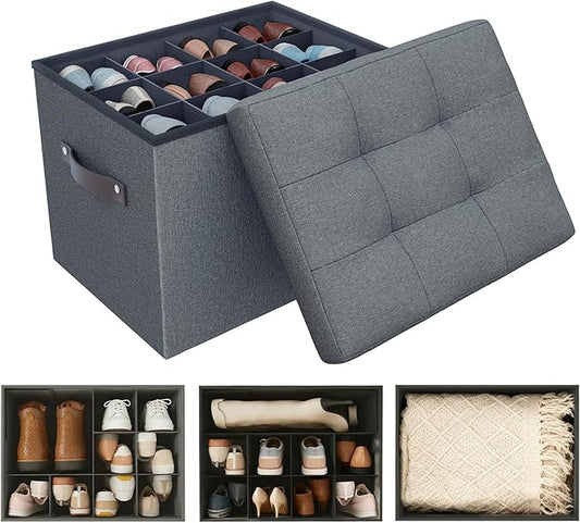 Storage Ottoman Shoe Organizer for Closet - Adjustable Dividers Storage Box for Shoes | Clothes | Toy | Blanket, Foldable Foot Stool Small Bench Shoe Cabinet for Living Room & Bedroom