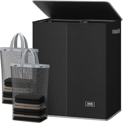 SOLEDI Double Laundry Hamper with Lid and Removable Laundry Bags,Divided Laundry Bin - Large Clothes Hamper 2 Section - Collapsible Laundry Baskets for Bedroom, Bathroom, Laundry Room,Black