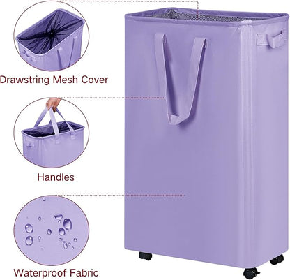 efluky Slim Laundry Hamper with Wheels, Rolling Laundry Basket for Clothes, Small Laundry Basket for Bedroom, Dorm and Laundry Room, 75L (19.8 Gallons) Purple