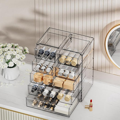 888 TIAN LUN Acrylic Clear Large Makeup Organizer - Jewelry Holder Organizer, Perfect Make Up Organizers and Storage for Vanity, Bathroom (3 Large, 4 Small Drawers - Clear)