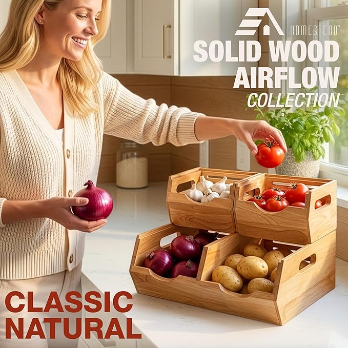 HOMESTEAD Stackable Solid Wood Storage Bins for Pantry & Countertop, Ventilated Potato and Onion Basket Organizer with Handles, Wooden Produce Storage Containers, 3 Pack, Natural Wood
