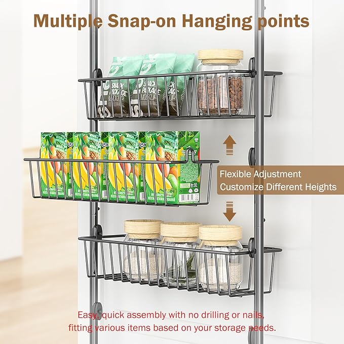 Delamu Over The Door Pantry Organizer, 5-Tier Pantry Door Organizers and Storage with Adjustable Basket, Metal Hanging Spice Rack, Seasoning Organizer, Door Organizer for Home Kitchen Bathroom, Black