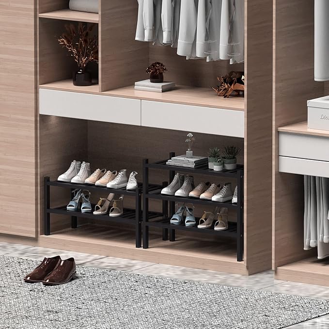 ROMGUAR CRAFT 2 Tier (Thick) Bamboo Shoe Rack for Closet Free Standing Wood Shoe Shelf for Entryway Small Space Stackable 27"x12"x14" (Black)