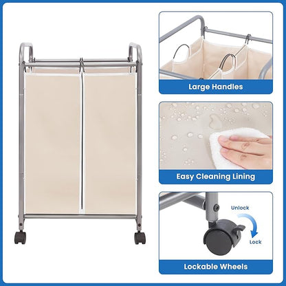 STORAGE MANIAC Laundry Sorter 2 Section, 90 L Gal Laundry Hamper with Wheels, Clothes Basket Separator Sorter, 2 Bag Clothes Cart with Wheels and Removable Bags for Closet, Dorm, Collage, Beige