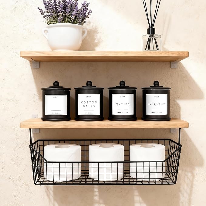 LITIVY 4 Pack Bathroom Organizers and Storage - 16 Oz Glass Qtip Holder & Cotton Pad Dispenser with Lid, Apothecary Jars for Home, Room Decor, Kitchen Organizer (Black)