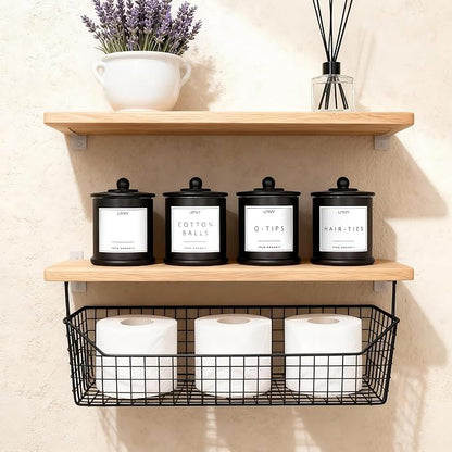 LITIVY 4 Pack Bathroom Organizers and Storage - 16 Oz Glass Qtip Holder & Cotton Pad Dispenser with Lid, Apothecary Jars for Home, Room Decor, Kitchen Organizer (Black)