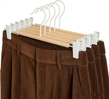 Premium Matt Metal Pants Hanger 20 Pack Smooth Beech Wood Pants Bar,Solid Natural Wooden Pant Bottom Hangers, Trouser Hangers for Slacks Jeans with 2-Adjustable Anti-Rust Clips (Pant Hanger)