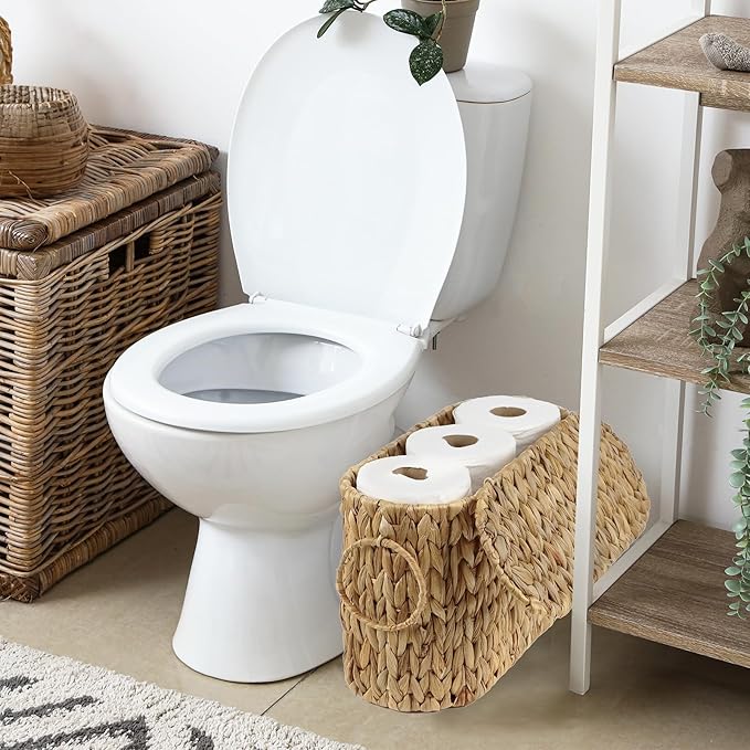 Toilet Paper Storage Basket with Lid, Water Hyacinth Slim Toilet Paper Holder - Holds Up to 6 Mega Rolls, Wicker Basket for Bathroom Accessories Decor Organizer