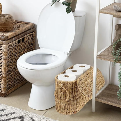 Toilet Paper Storage Basket with Lid, Water Hyacinth Slim Toilet Paper Holder - Holds Up to 6 Mega Rolls, Wicker Basket for Bathroom Accessories Decor Organizer
