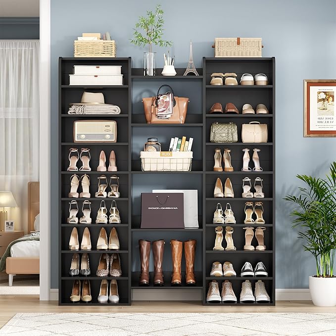 Unikito 14-Tier Shoe Cabinet, Wood Shoe Storage Organizer for Entryway, Freestanding Shoe Rack Cabinet with 22 Open Cubbies for Front Door Entrance, Living Room, Hallway, Bedroom, Black