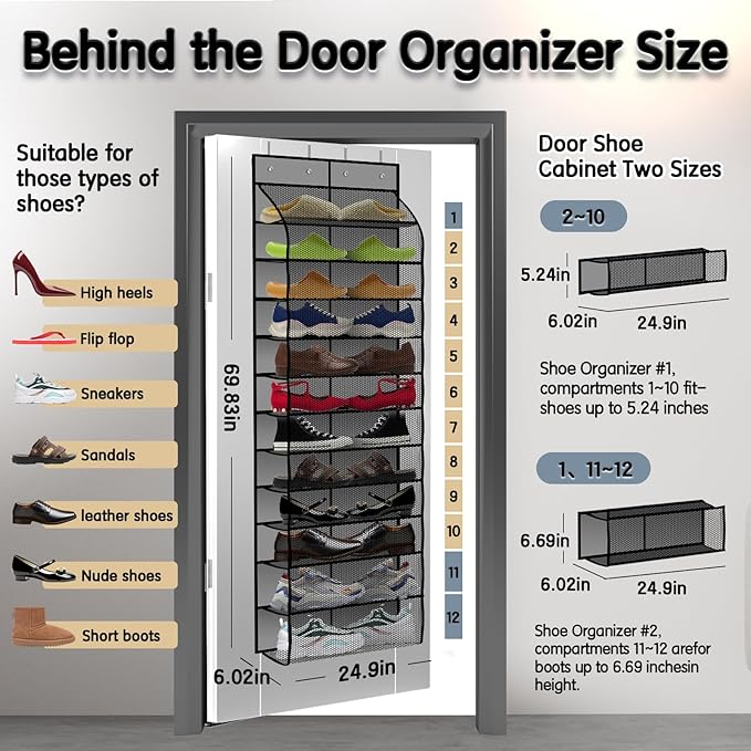 Kotkn Over The Door Shoe Organizer with 12 Large Breathable Pockets - Durable Hanging Storage for the Entire Family's Shoes (Gray)