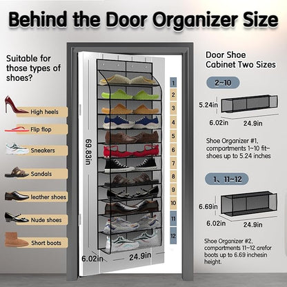 Kotkn Over The Door Shoe Organizer with 12 Large Breathable Pockets - Durable Hanging Storage for the Entire Family's Shoes (Gray)