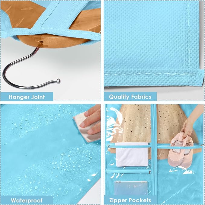 Univivi 40 Inch Girls Garment Bags for Dance Costumes, Dance Competition Garment Bag with 3 Medium Clear Zipper Pockets for Dance Essentials and Accessories, Dance Shoes (Blue) - 4 Pack, UN0752